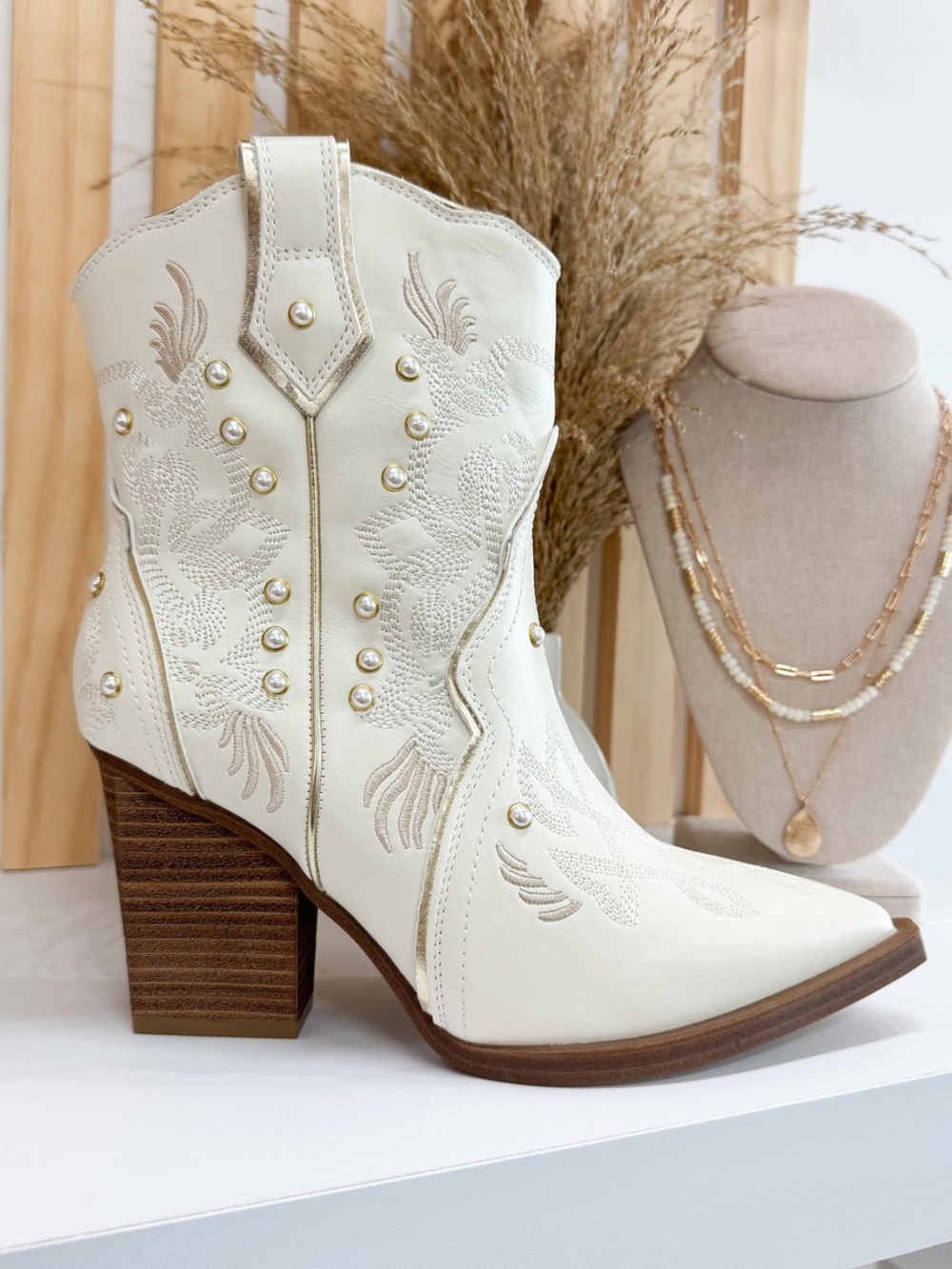 MIA Wendi Western Ankle Boots White Gold Pearl Bridal Wedding Cowboy Booties 8